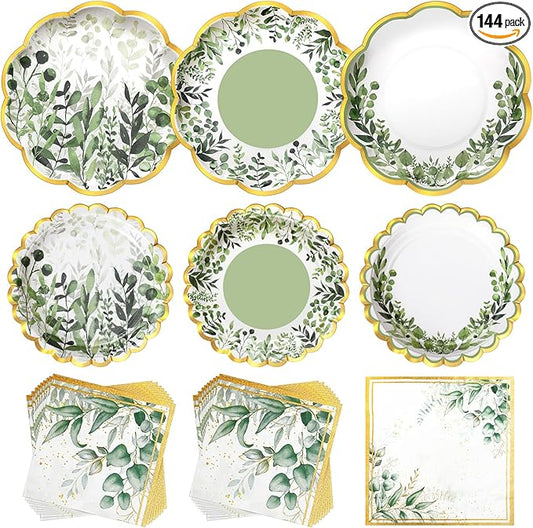 144 Pcs 48 Guests Sage Green Party Plates and Napkins Scalloped Green Eucalyptus Paper Plates Napkins Disposable Tableware for Birthday Bridal Baby Shower Wedding Decorations Party Supplies