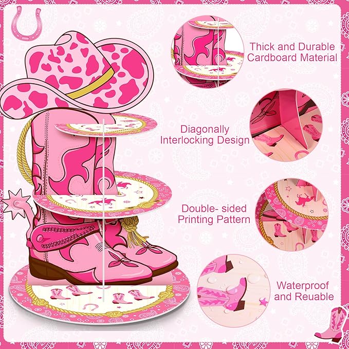 Zopeal Western Cowgirl Cupcake Stand Party Decorations Western Theme 3 Tiered Cowboy Cupcake Holder Birthday Dessert Stand for Wild West Baby Shower Birthday Bachelor Party Supplies