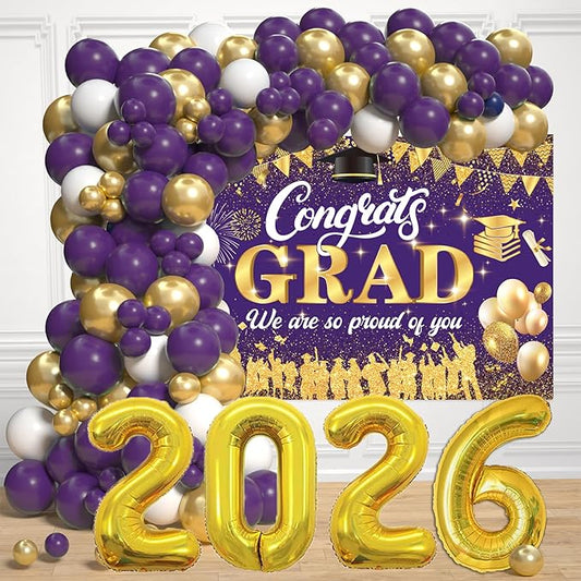 Purple Gold Graduation Party Decorations 2026 - Graduation Balloon Arch Kit With Purple Gold Gradua tion Balloons, Congrats Grad Backdrop, 2026 Foil Balloons For High College School Gradua tion Decor