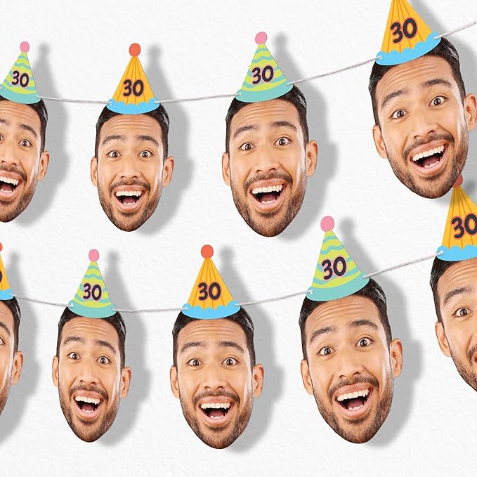 Big Dot of Happiness Custom Colorful Birthday Face Cut Out Garland Banner, Personalized Birthday Age Decor, Custom Party Time Face Banner, 30 Feet of Cord, 10 Face Cut Outs