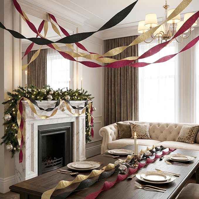 Crepe Paper Streamers 9 Rolls 738ft, Pack of Burgundy, Gold and Black Crepe Paper for Party Casino Graduation Birthday Baby Shower Decorations, 1.77 Inch x 82 Ft/Roll