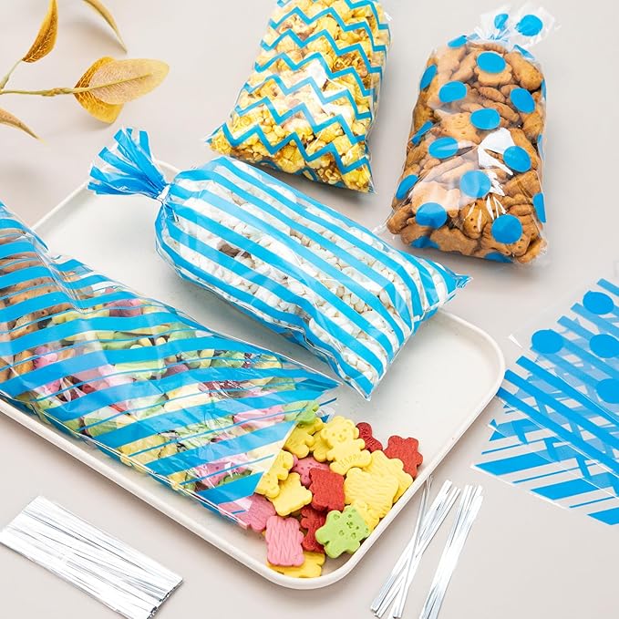 Aubeco 120 Pack 10.6x5.1 Inch Cellophane Treat Bags with Ties - Polka & Blue Stripes Candy Gift Baggies for Birthday, Wedding Party Favors, Snack Packing Supplies