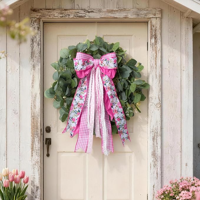 LaRibbons Floral Ribbon Wired 2 Rolls 2.5 Inch x 12 Yards TTL, Flower Pink and White Plaid Spring Summer Ribbon with Rose Printed for Wreath Crafts Wrapping Bow