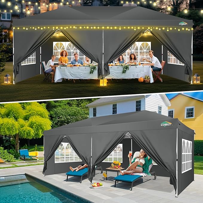 COBIZI 10x20 Pop Up Canopy Tent, One Push Easy Up Gazebo with 6 Removable Sidewalls & Air Vent, Waterproof UV50+ Commercial Canopy with 4 Sandbags, Stakes & Ropes for Parties/Wedding/Backyard,Gray