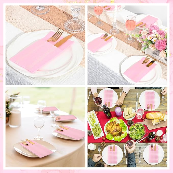 120 Pcs Pink Linen-Feel Paper Napkins with Built-in Flatware Pocket, Pocket Linen Napkin Prefolded Cloth Like Paper Napkins Bulk for Girls Birthday Baby Bridal Shower Tea Party Wedding