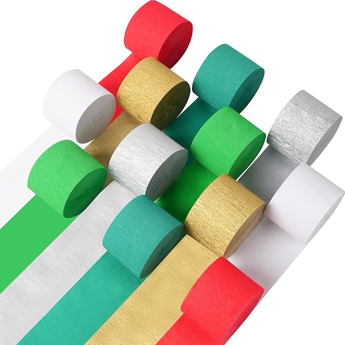 Streamers, 12 Rolls Christmas Crepe Paper Streamers, 6 Colors Christmas Party Streamers for Ceiling Background Wall Dining Table Door Window Staircase Yard Decoration