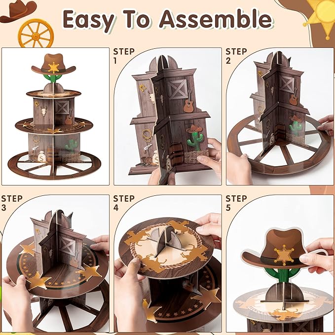 Haooryx Western Cowboy Cupcake Stand - 3 Tier Wild West Wooden House Barn Door Cupcake Tower Cardboard Dessert Holder Pastry Platter for Western Cowboy Theme Birthday Party Baby Shower Table Supplies