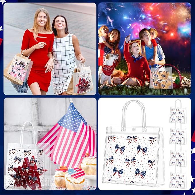Supervitae 36 Pcs 4th of July Clear Favor Bags with Handle Reusable Red White Blue Bowknot Gift Bag Goodies Treats Totes for Independence Day Birthday Wedding Patriotic Party, 8 x 8 x 3.15 Inch
