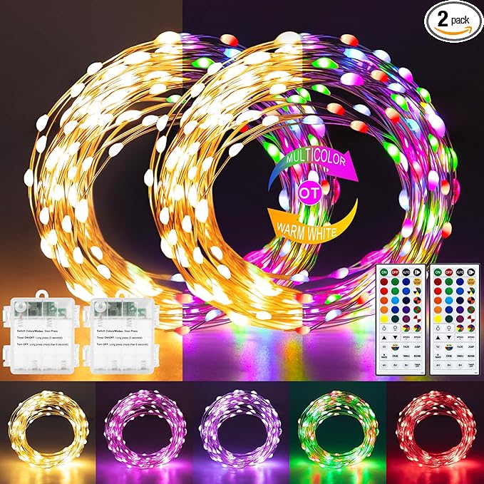 2 Pack Fairy Lights Battery Operated, 66Ft 200 LED RGB Color Changing & 2700K Warm White Twinkle Lights with 150 Scence Modes Silver Wire Mini Light for Bedroom Garden Wedding Decor