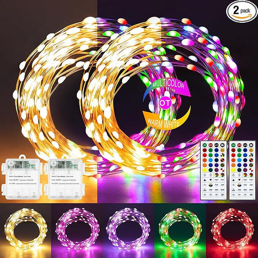 2 Pack Fairy Lights Battery Operated, 66Ft 200 LED RGB Color Changing & 2700K Warm White Twinkle Lights with 150 Scence Modes Silver Wire Mini Light for Bedroom Garden Wedding Decor