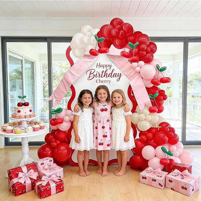 Soonlyn Cherry Balloons Arch kit, 200Pcs Cherry Birthday Decorations Red Pink White Balloons for Shes the Cherry on Top Decorations, Bridal Shower