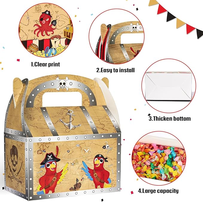 WERNNSAI Pirate Party Favor Boxes - 12 PCS Treasure Chest Boxes Pirate Birthday Decorations Nautical Theme Party Favors for Baby Shower Halloween Treasure Hunt Game