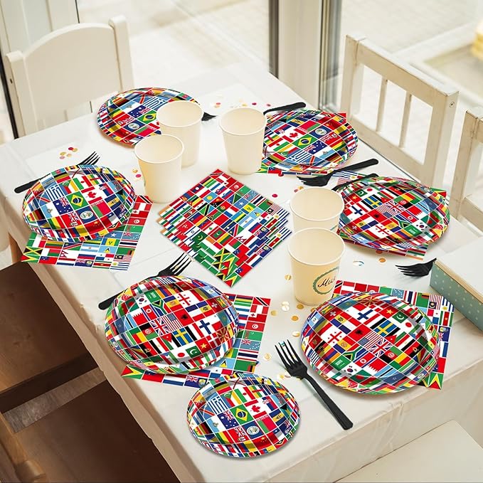 OBUSATT 96 Pcs International World Flags Party Supplies Country Flag Paper Plates Travel Trip Around the Globe and Napkins Forks party decorations for Birthday Baby Shower Serves 24 MG0165