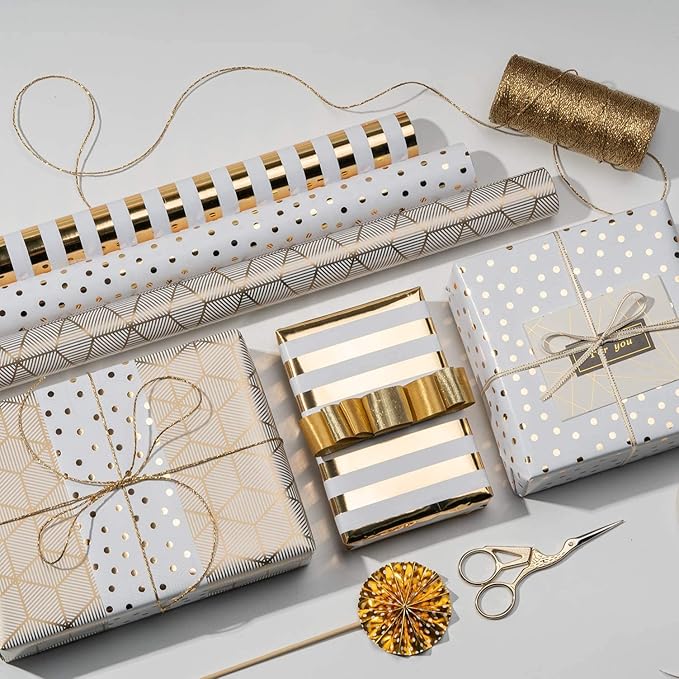 MAYPLUSS Birthday Wrapping Paper Roll - Mini Roll - 17 inch x 120 inch Per roll - White & Gold Foil Design (42.3 sq.ft.ttl)