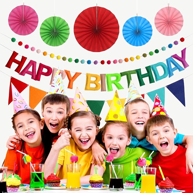 Pre-Strung Happy Birthday Banner, Reusable Felt Birthday Party Decorations, 3D Effect Happy Birthday Sign with Felt Ball Garland, Pennant Flag, Hanging Paper Fans for Men Women Boy Girls (Rainbow)