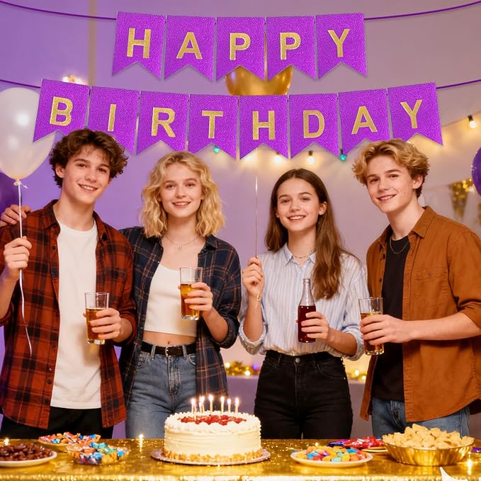 Purple Happy Birthday Banner - 16 ft Pre-Strung Gold Purple Birthday Party Decorations Sign for Girls, Boys, Kids, Women - No DIY Hanging Backdrop for Indoor & Outdoor Celebrations