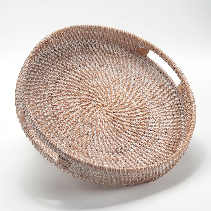 Round Rattan Serving Tray Decorative Woven Ottoman Trays with Handles for Coffee Table White (Small 11.8 inch x 2 inch)
