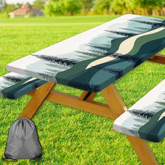 Picnic Table Cover with Bench Covers, Green Blue Camping Tablecloth Waterproof Windproof, Fitted Tablecloth Cover with Elastic Edge, for Indoor & Outdoor, Garden, Camping, 3 Pieces Set, 30x96 Inch