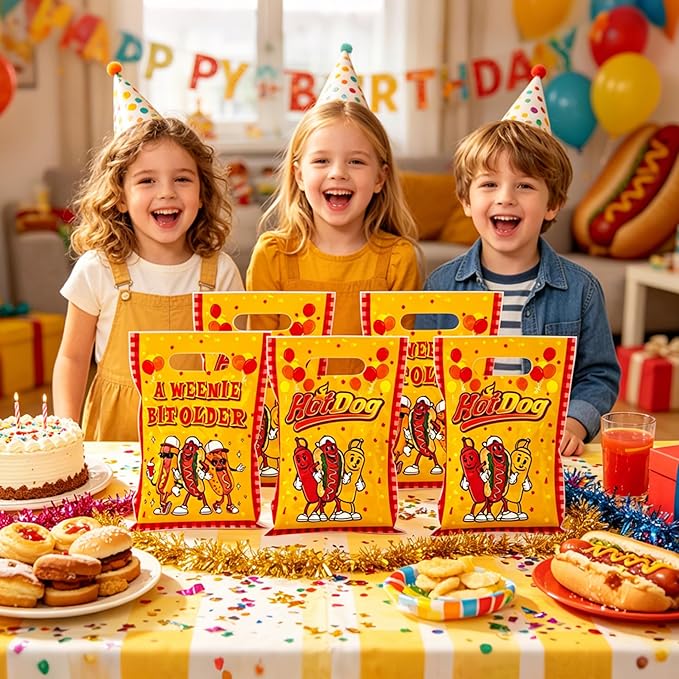 MOIZYNG 50Pcs Hot Dog Gift Bags with Handles, A Weenie Bit Older Birthday Plastic Candy Treat Goodie Bags for Hotdog Sausage Fast Food BBQ Cookout Birthday Party Decorations