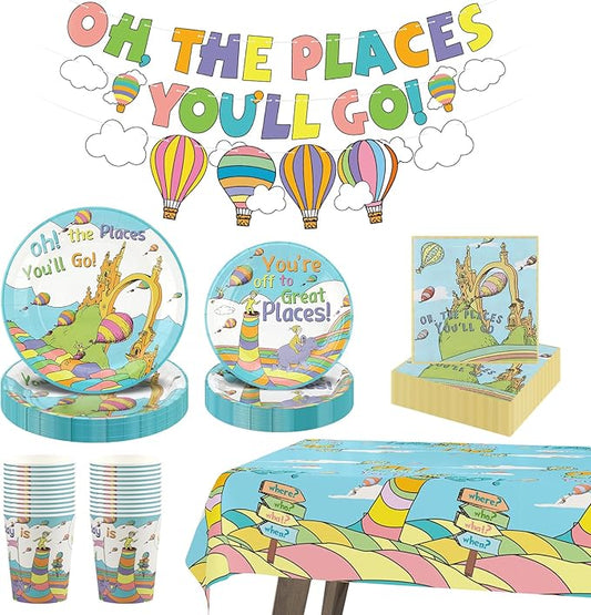 Oh Decorations Set for 24-Disposable Paper Plates, Napkins, Cups, Garland and Tablecloth Tableware Party Decor for Kindergarten Preschool Graduation Party Supplies