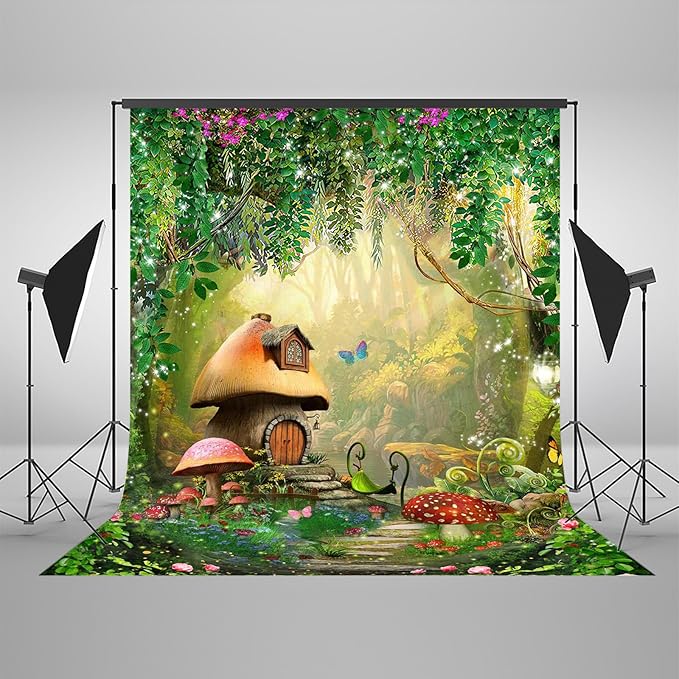 Mocsicka Enchanted Forest Backdrop Fairy Garden Tale Wonderland Mushroom House Butterfly Woodland Spring Photography Background Baby Shower Birthday Party Photo Studio Shoot (8x6ft)