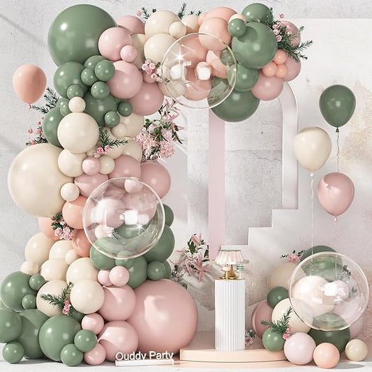 Ouddy Party 149Pcs Pink and Sage Green Sand Balloon Garland Kit Different Sizes 18 12 10 5Inch, 6Pcs 18” Clear Balloons for Baby in Bloom Baby Shower Wedding Birthday Gender Reveal Party Decorations