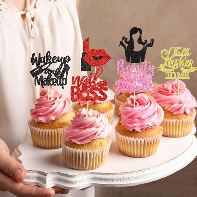 Ercadio 24Pcs Makeup Girl Cupcake Toppers Make-up Artist Cupcake Picks Beautiful is My Business Food Picks for Makeup Girl Birthday Cupcake Decors Cosmetics Make-up Party Supplies