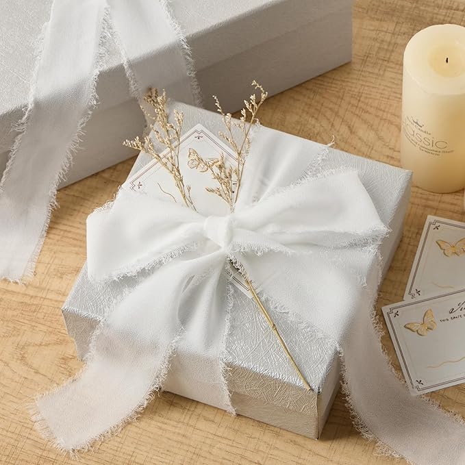 White Chiffon Ribbon 1.5" x 21 Yd Handmade Fringe Silk Chiffon Fabric Ribbon for Gift Wrapping Wedding Invitation Bridal Flower Bouquet DIY Crafts Home Decor