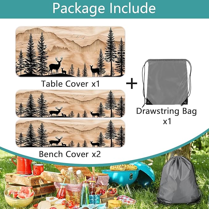 Picnic Table Cover with Bench Covers Camping Essentials Rustic Hunting Deer Forest Waterproof Windproof Camping Tablecloth Fitted Tablecloth Cover with Elastic Edge for Indoor Outdoor 3 PCS 30x72 Inch