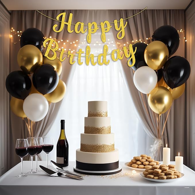 Pre-Strung Glitter Happy Birthday Banner Garlands Gold Happy Birthday Sign Banners for Women Men Boys Girls Party Backdrop Wall Door Decorations