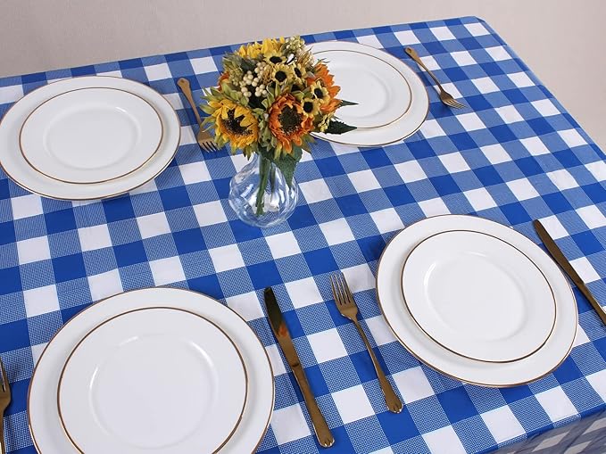 Kesfey 12 Packs Bule and White Checkered Tablecloths Party Picnic Disposable Table Covers 54 × 108 Inches Splashproof Plastic Checkered Gingham Tablecover for Outdoor Dinners Party Retro Celebrations