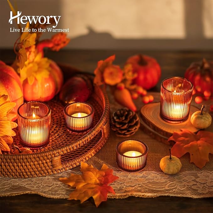 Hewory Glass Tealight Candle Holder: 8 Pcs Amber Votive Candle Holders Tea Lights Candle Holder, Ribbed Tea Light Holders Fall Decorations for Thanksgiving Table Centerpiece Wedding Party Home Decor