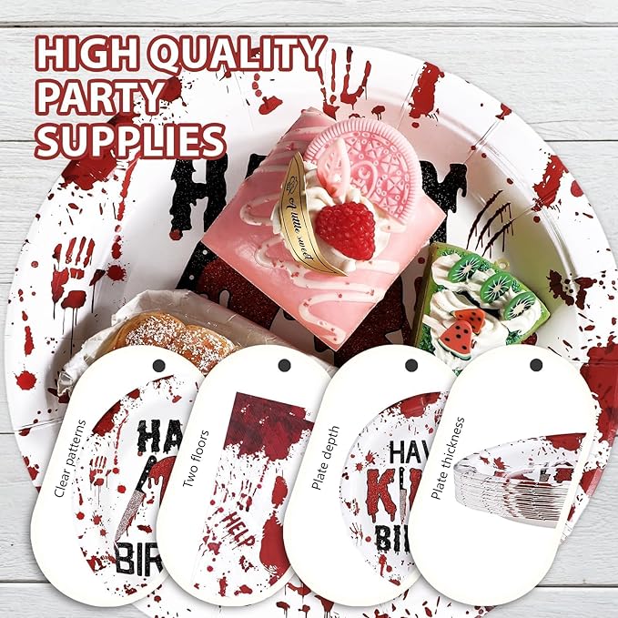 Grencian 96Pcs Killer Happy 13th Birthday Party Supplies Red and Black Bloody Hand Themed Paper Plates and Napkins Horror Tableware for Boy Girl 13th Stranger Birthday Party Decorations Serve 24