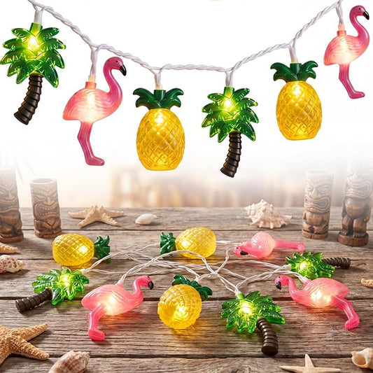 8.5Ft Summer Beach Hawaiian String Lights Outdoor with 10 LED Flamingo Pineapple Palm Tree Lights, Plug in Tropical Party Decorations Lights for Patio Backyard Garden Window Tiki Bar Pool Party Decor