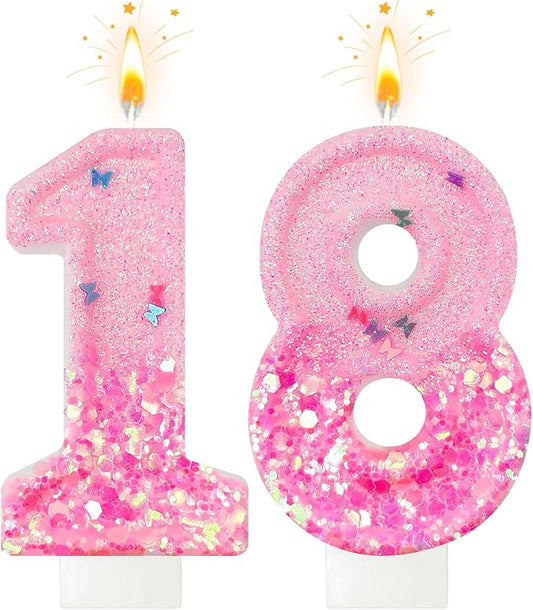Pink Sequin Birthday Candles, Cake Number Candles, Girls 0th Birthday Decorations, Suitable for Birthday Parties, Anniversary Party Decorations(18)