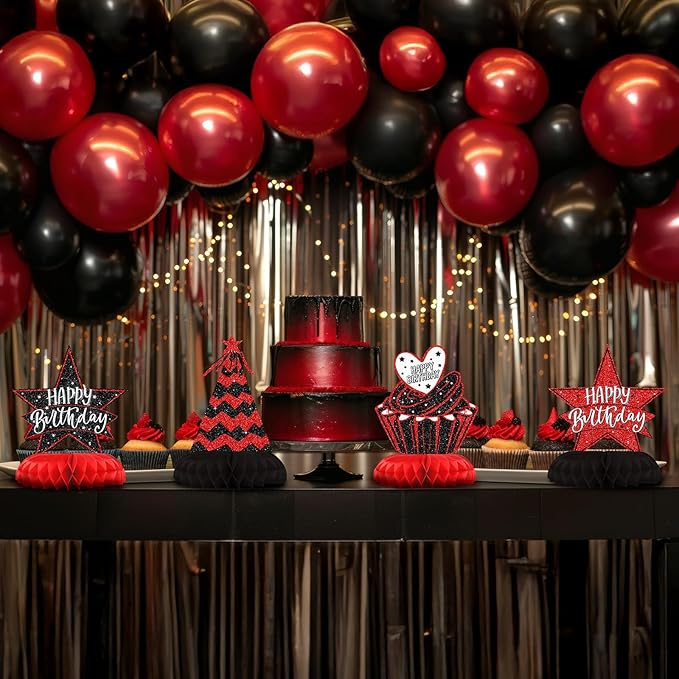 Black and Red Birthday Decorations – 12PCS Honeycomb Table Centerpieces for Men Women Adults – Happy Birthday Table Decor Party Supplies