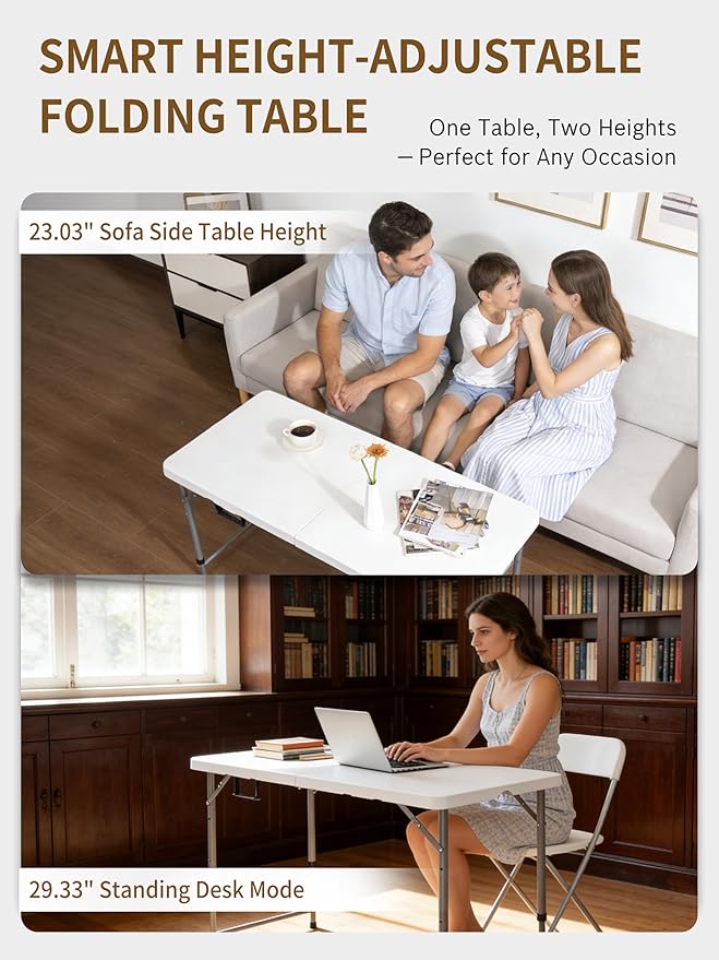 Folding Camping Table 4 Foot Adjustable Height 350lbs, 4FT Folding Picnic Card Table for Outdoor, Plastic Rectangular Dining Work Tables for Indoor, Heavy Duty Fold-in-Half Tray Tables