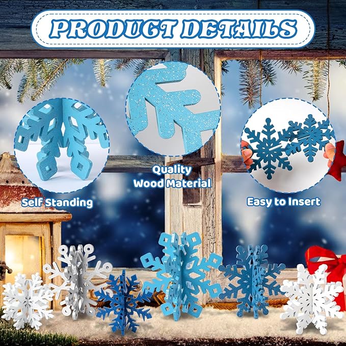 OuMuaMua 12 Set Winter Christmas Centerpiece Table Decorations - 24pcs Wooden Snowflakes Decor 3D White Blue Snowflake Tabletop Decor for Xmas Holiday Tiered Tray Winter Farmhouse Home Decor