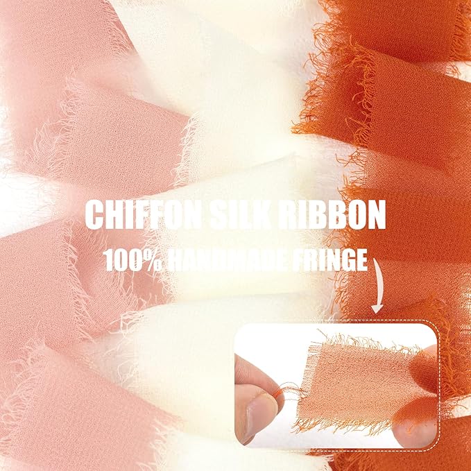 Terracotta Chiffon Ribbon 1 Inch x 21Yds Handmade Fringe Chiffon Silk Ribbon Dusty Pink/Cream Frayed Chiffon Ribbon for Thanksgiving Wedding Invitation Flower Bouquets Bridal Shower Gift Wrapping
