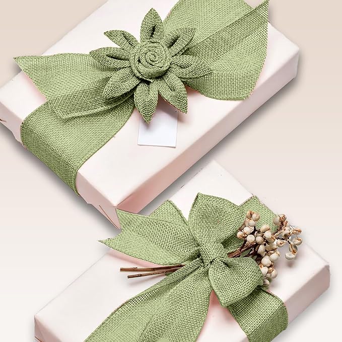 Sage Green Burlap Ribbon 1-1/2 inch X 10 Yard Natural Burlap Woven Wired Ribbons DIY Handmade Edging Production Wreath Holiday Decoration Ribbon Gift Wrapping Sage Green Ribbons