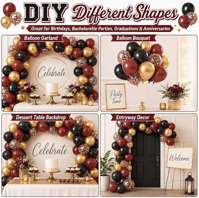 Burgundy Gold Balloons, 60Pcs Burgundy Balloon, 12 Inch Metallic Gold Wine and Black Latex Balloons for Birthday Party Bachelorette Graduation Anniversary Bridal Shower Celebration Party Decorations