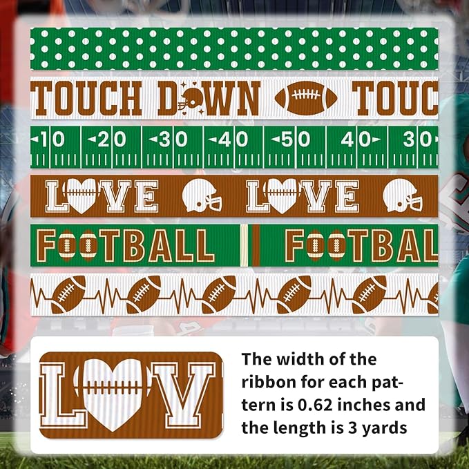 Football Ribbon for Crafts, 6 Pack (5/8 Inch x 3 Yards Each), Grosgrain Sports Theme Ribbons, Touchdown Field Love Design, for Hair Bow, Team Party Decorative, DIY Game Day Gift Wrapping