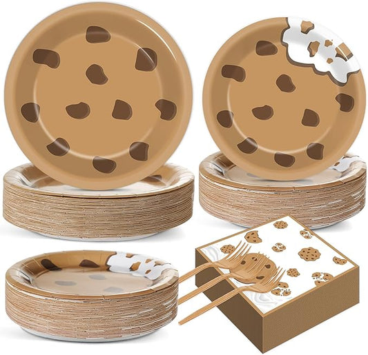 Naozinebi 200pcs Milk and Cookies Paper Plates and Napkins Chocolate Chip Cookie Party Decorations Disposable Cookies Theme Tableware Set for Boys Girls Birthday Party Baby Shower Supplies Serve 50