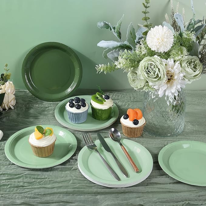 AimFun 24 Pcs Sage Green Paper Plates Gradient Green Party Plates 7”Disposable Round Dessert Plates for St Patricks Day Birthday Wedding Bridal Baby Shower Party Supplies 4 Colors