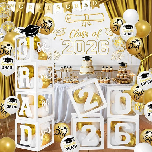 2026 Graduation Decorations - White Balloon Boxes with Letters 2026 Grad & So Proud of You and White Gold Print Balloons, Graduation Party Decorations Class of 2026 for Any Grades(White)