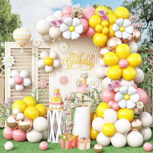 Daisy Balloon Garland Arch Kit,Retro Yellow Pink White Gold Hippie Boho Balloons Garland Daisy Flower Balloons For Birthday Baby Shower Bridal Wedding Groovy Daisy Party Decorations