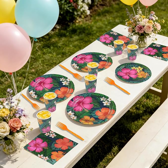 120 Pcs Tropical Hawaiian Aloha Party Supplies, 9 Inch & 7 Inch luau Party Paper Plates with Party Napkins and Disposable Plastic Forks for BBQs, Summer Party, Dinner, Wedding, Birthday, Picnic (Blue)