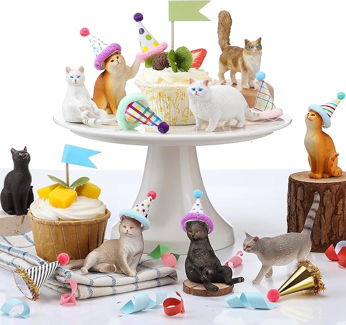 Colingmill 18 Pcs Cat Birthday Party Decorations Mini Birthday Hat Animal Figure Model Cake Toppers with Mini Hat for Birthday Party, Animals Themed Party