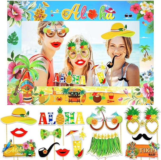 PHOGARY 13PCS Luau Photo Booth Props with 1PCS Hawaii Aloha Photo Frame Photo Props, Summer Photo Booth Props Kit for Hawaiian Tropical Luau Summer Pool Beach Birthday Party Decorations Supplies