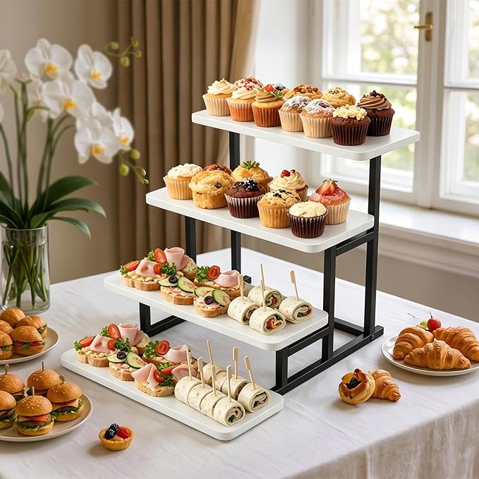 Cupcake Stand for 50 Cupcakes 4 Tiered Tray Stand for Food Cookie Wooden Dessert Display Risers for Party Wedding Buffet Stepped Risers Display Stands for Vendor Farmers Market Display, White